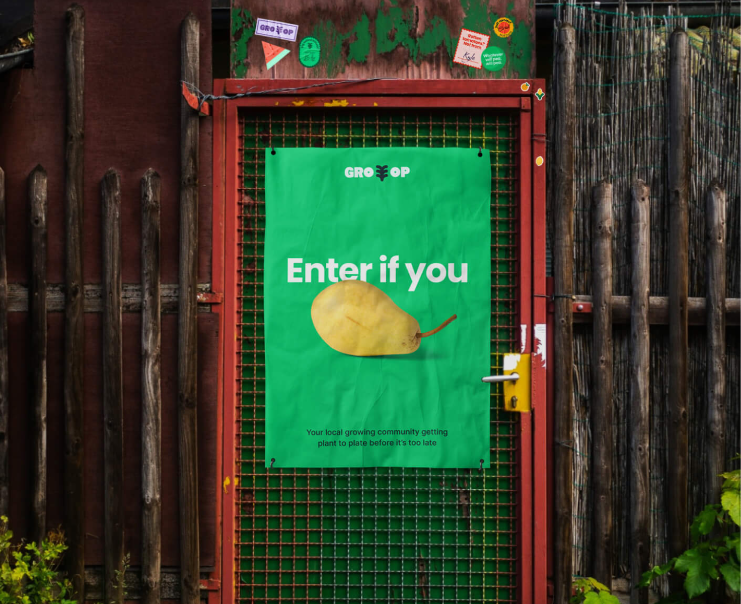 A poster that says "enter if you pear" with an image of a pear replacing "dare"