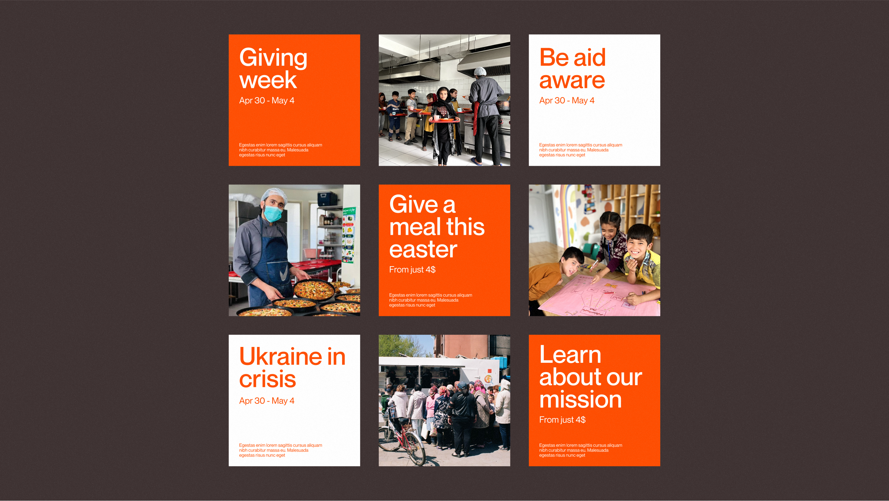 Social media assets from Instant Aid displayed in a grid