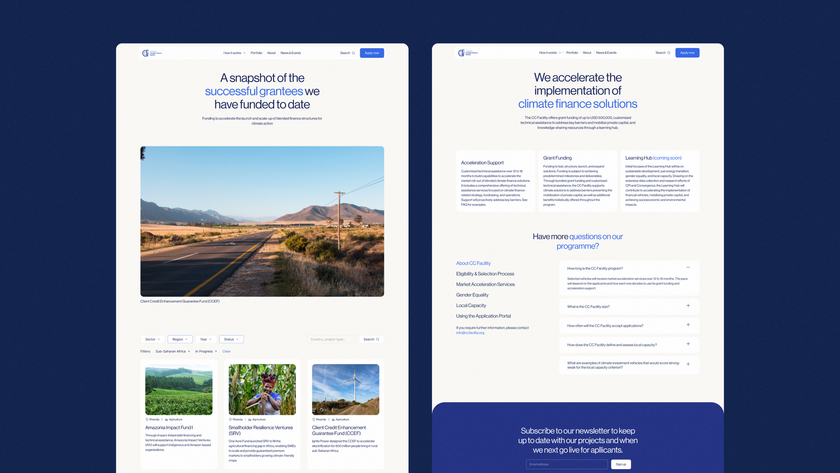 Example designs of two different pages of the CC Facility website