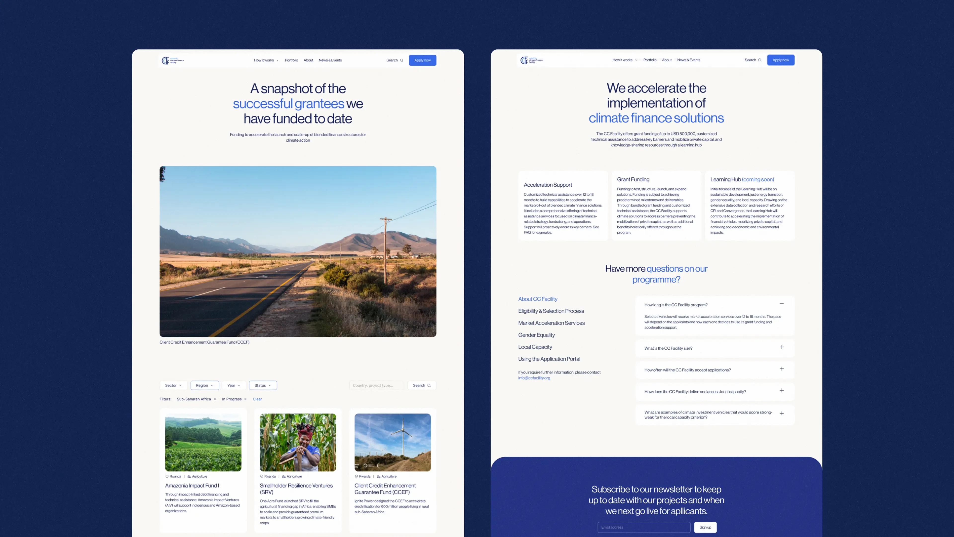 Example designs of two different pages of the CC Facility website