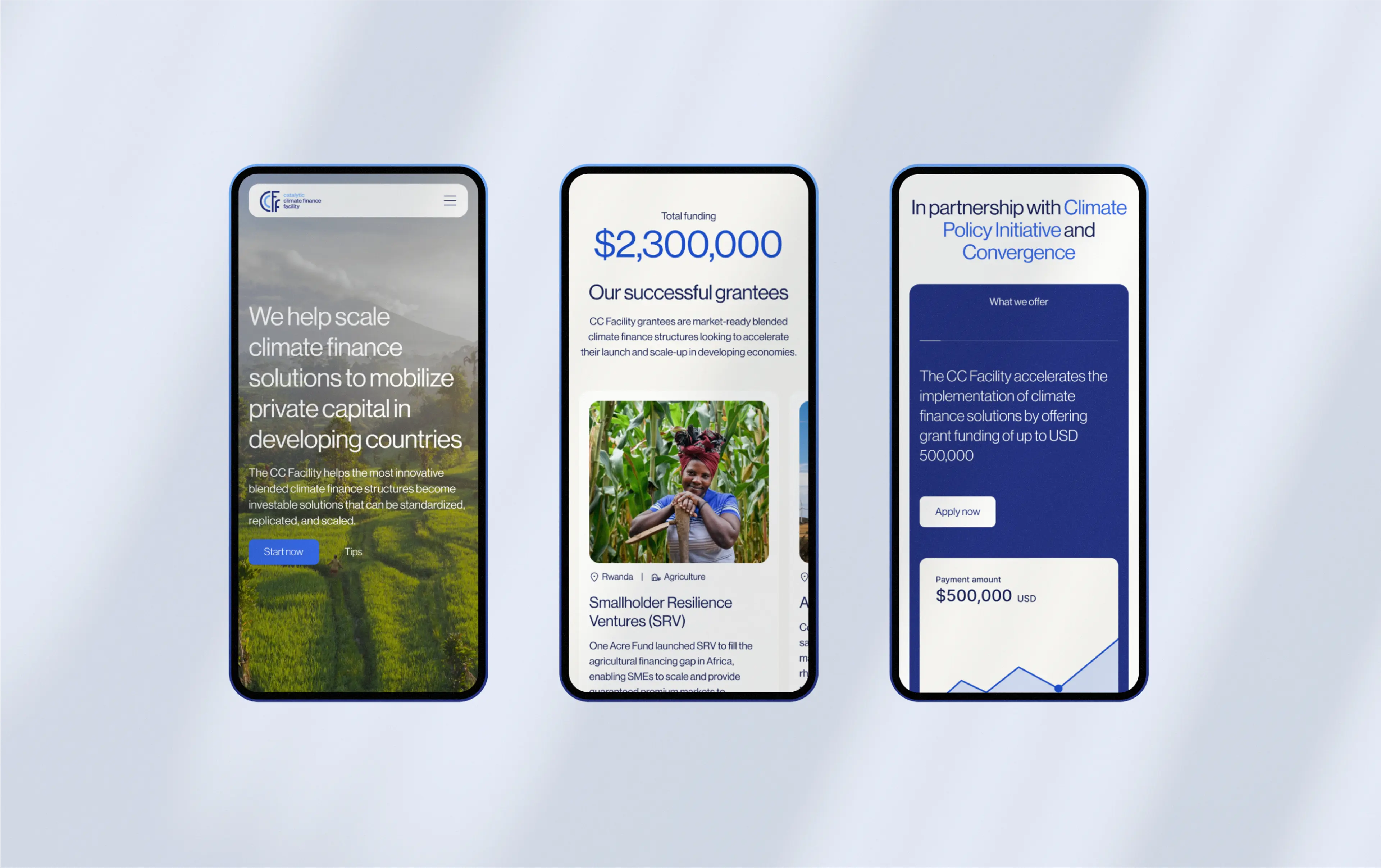 Multiple sections from the CC Facility website shown on three mobile screens