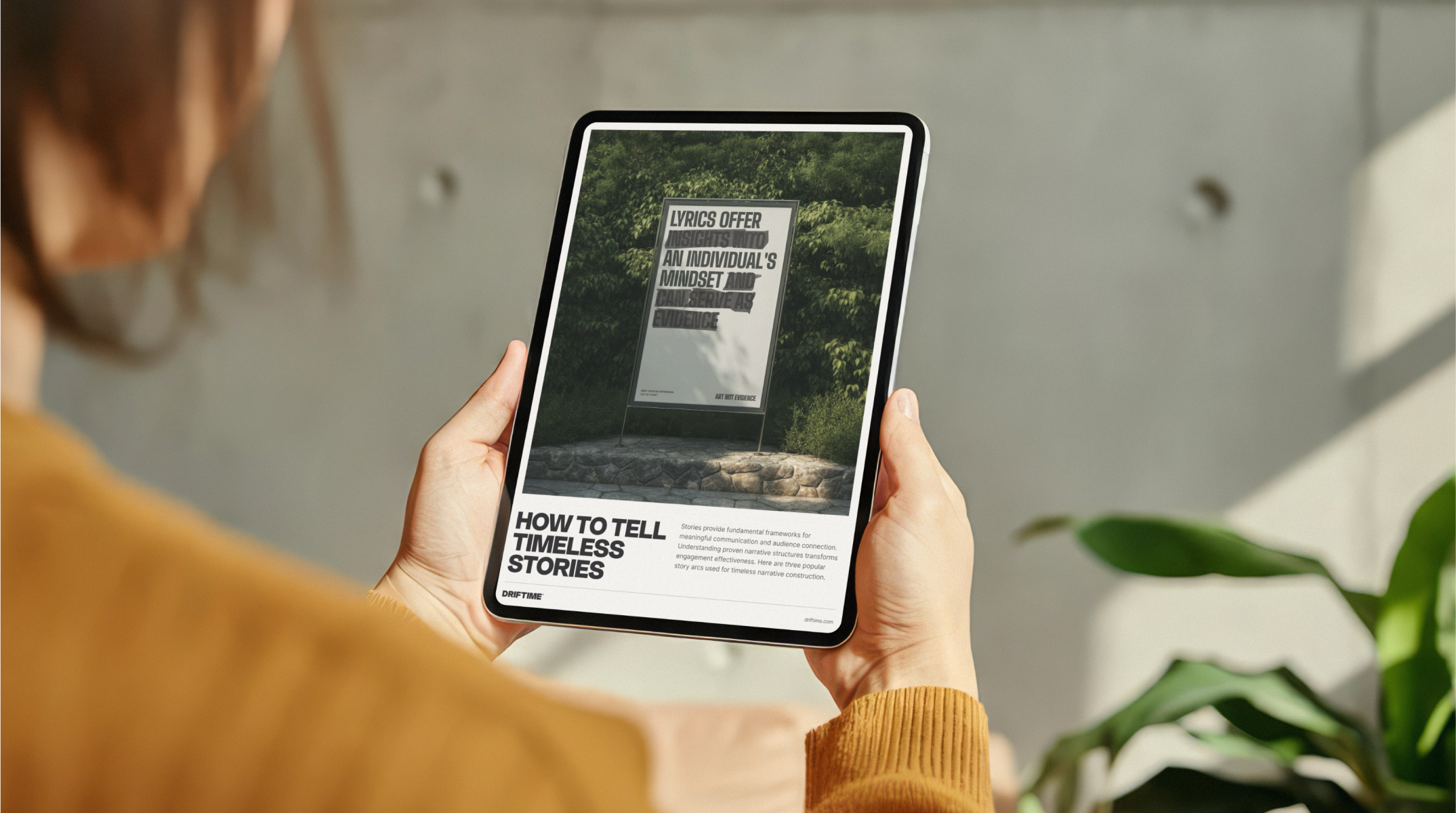 The 'how to tell timeless stories' free guide on an iPad