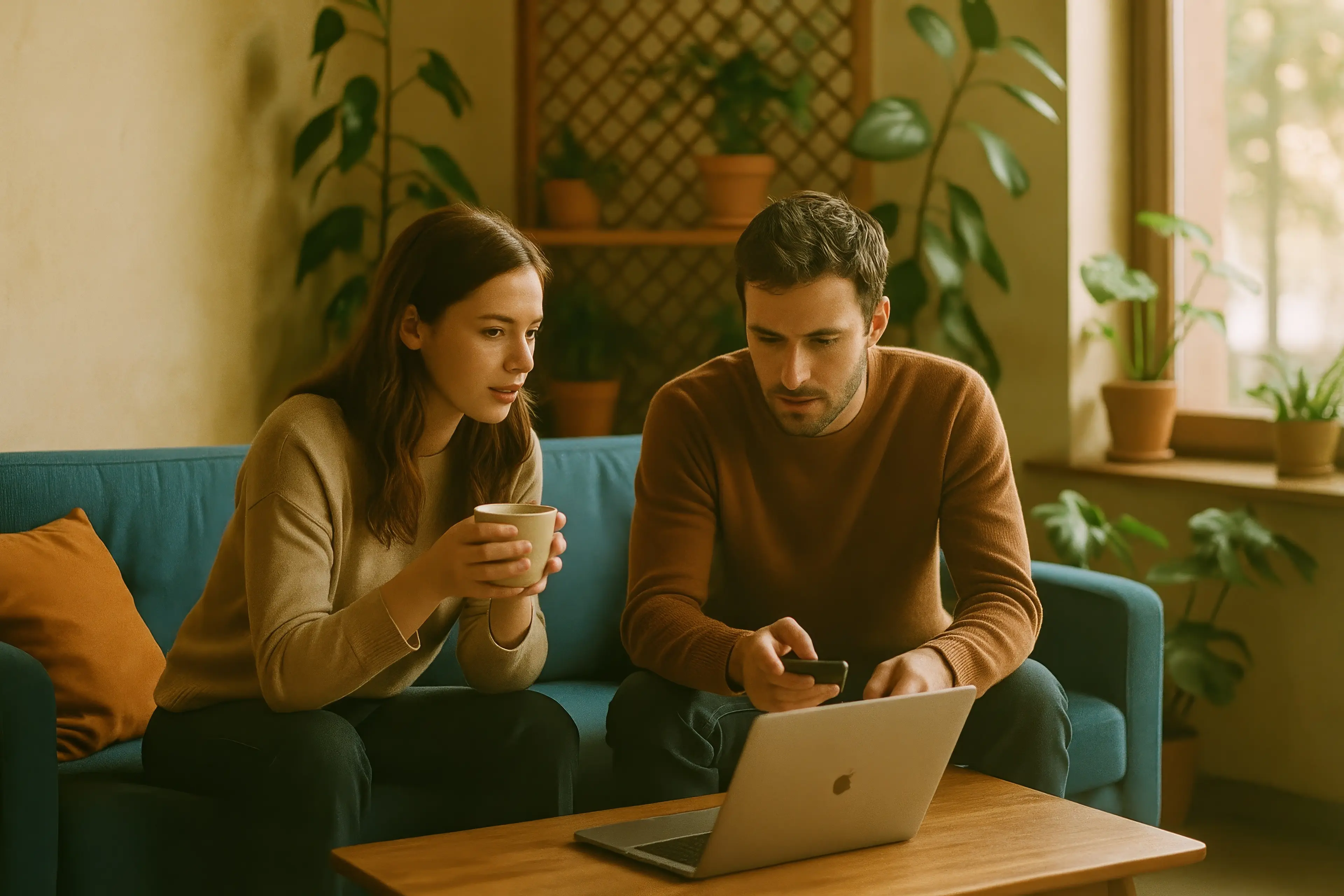 two people on a sofa looking at a laptop