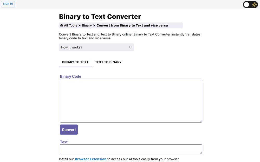 Screenshot of Text to Binary Converter