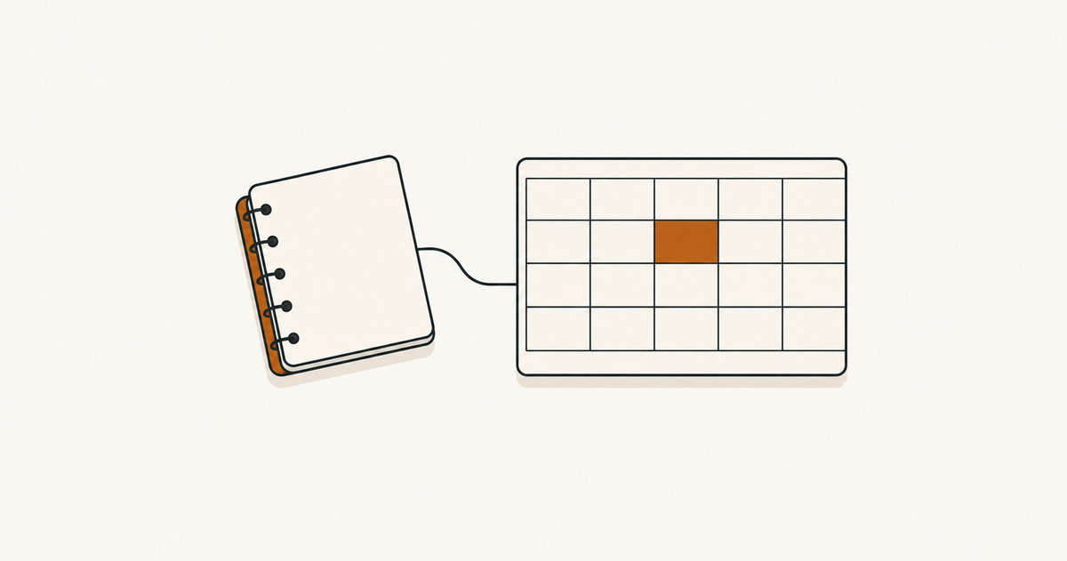 A small notebook connected by a thin line to a larger blank grid sheet with an orange cell.