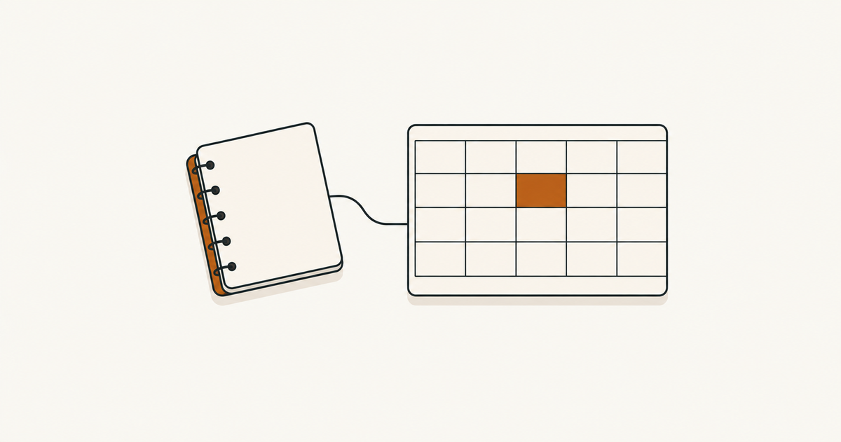 A small notebook connected by a thin line to a larger blank grid sheet with an orange cell.