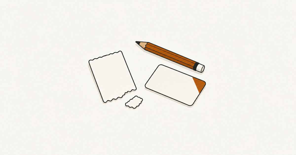 A blank receipt with a torn corner beside a pencil, a payment card and the detached paper corner.