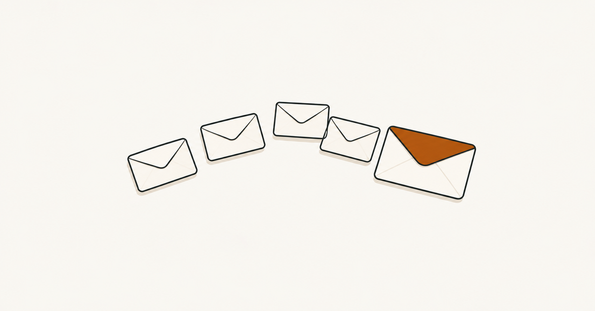 Small blank envelopes in an arc beside a larger closed envelope with an orange flap.