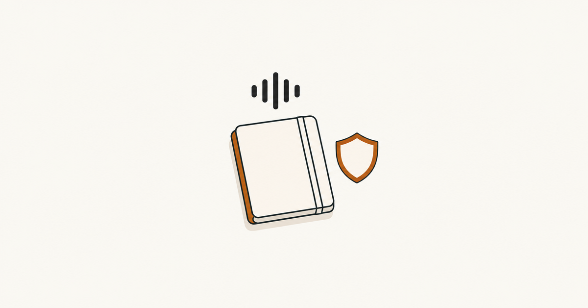 An abstract sound wave above a closed notebook, with an orange shield outline beside it.
