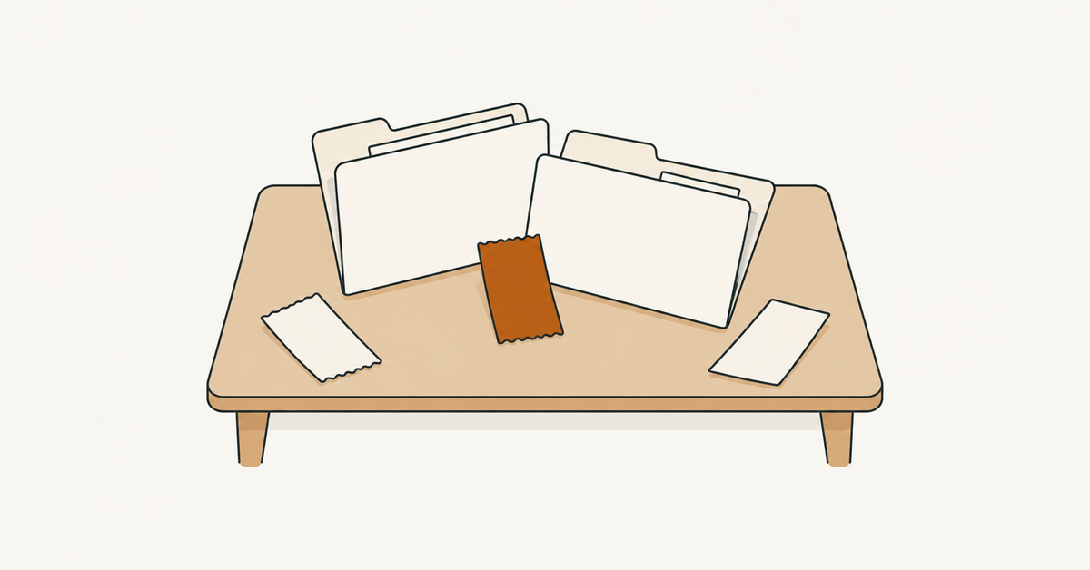 Open folders on a tabletop, with an orange receipt between them and separate blank slips nearby.