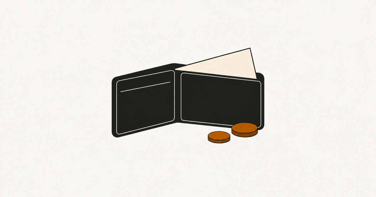 Open wallet with a banknote and two coins.