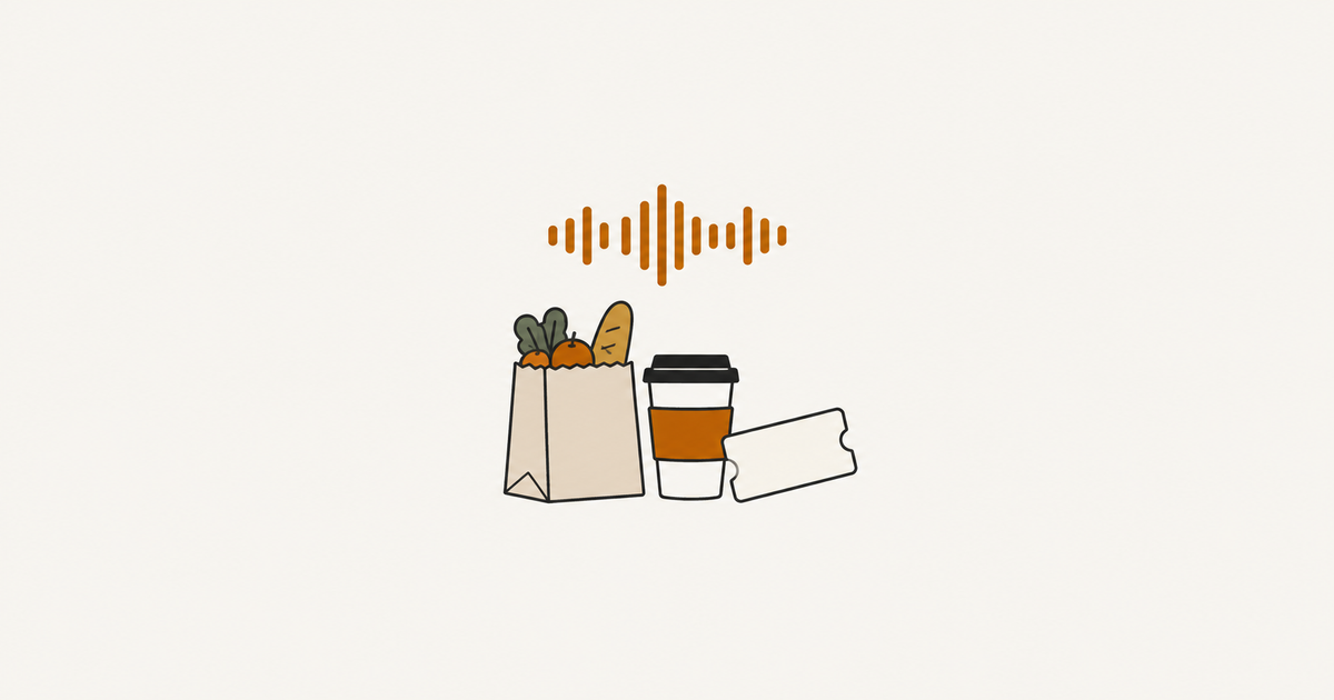 Orange sound wave above groceries, a takeaway cup and a blank ticket.