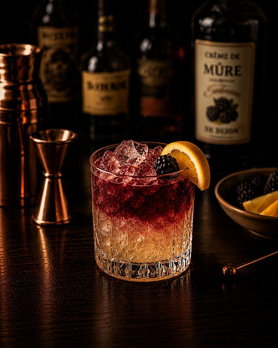 Bramble drink with lots of ice, orange wedge and a single blackberry