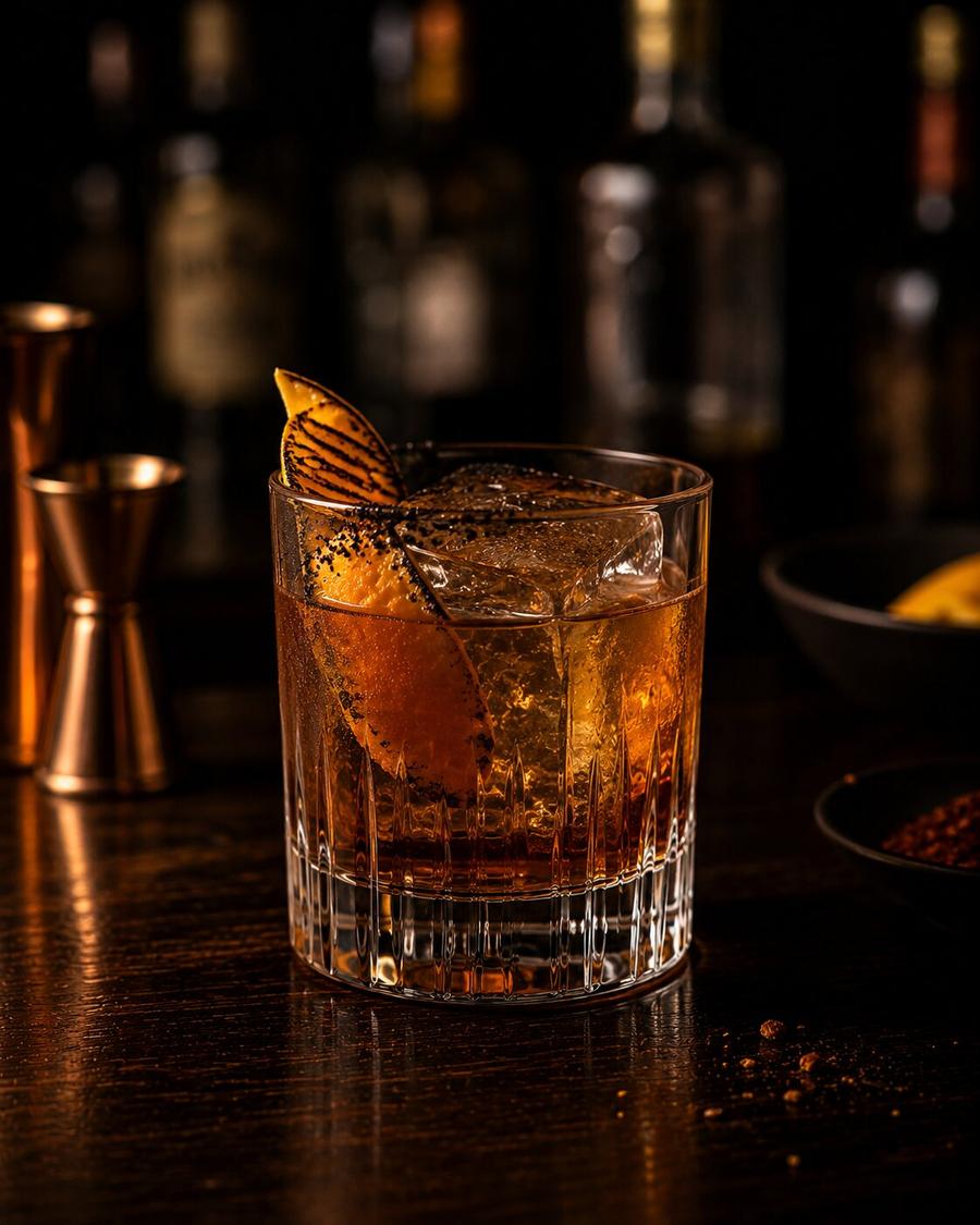 Oaxacan Old Fashioned Drink in rocks glass with ice and wedge