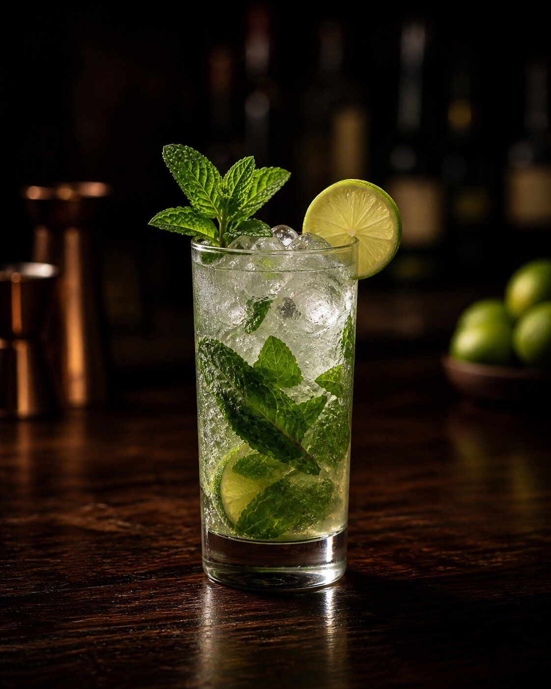 Mojito drink in a tall glass with lime wedge
