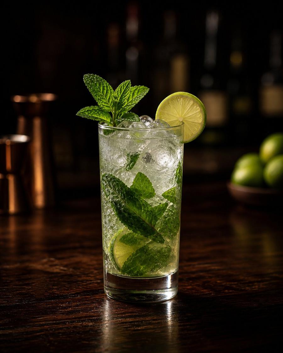 Mojito drink in a tall glass with lime wedge
