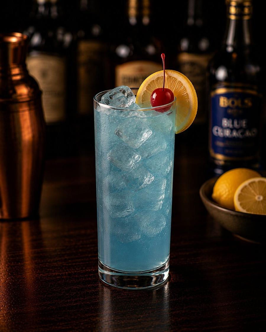 Blue lagoon drink in highball glass with lemon wedge and cherry