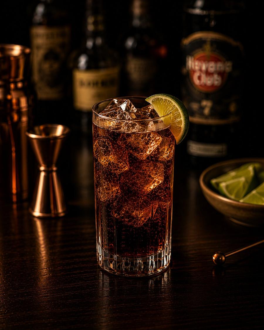 Cuba Libre drink with lime wedge