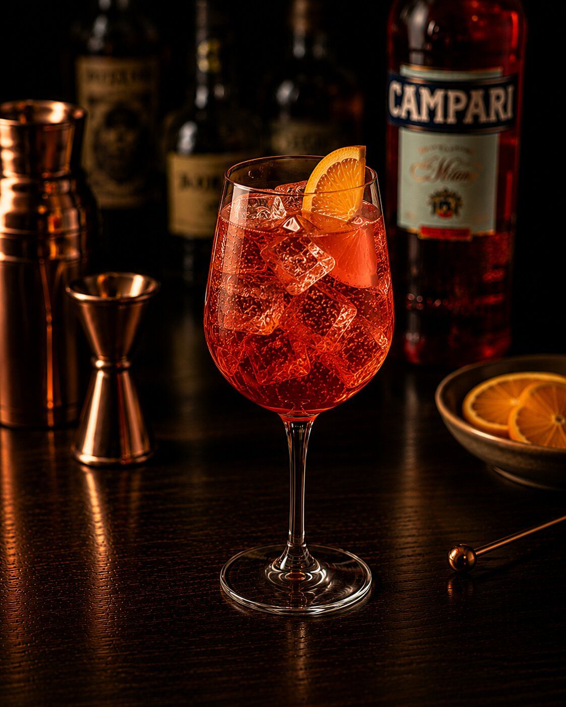Campari Tonic drink in large wine glass with orange wedge