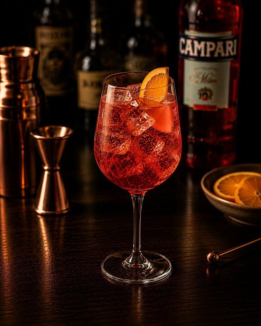 Campari Tonic drink in large wine glass with orange wedge