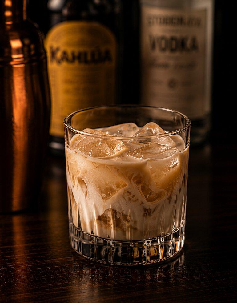 White Russian drink in a rocks glass with ice