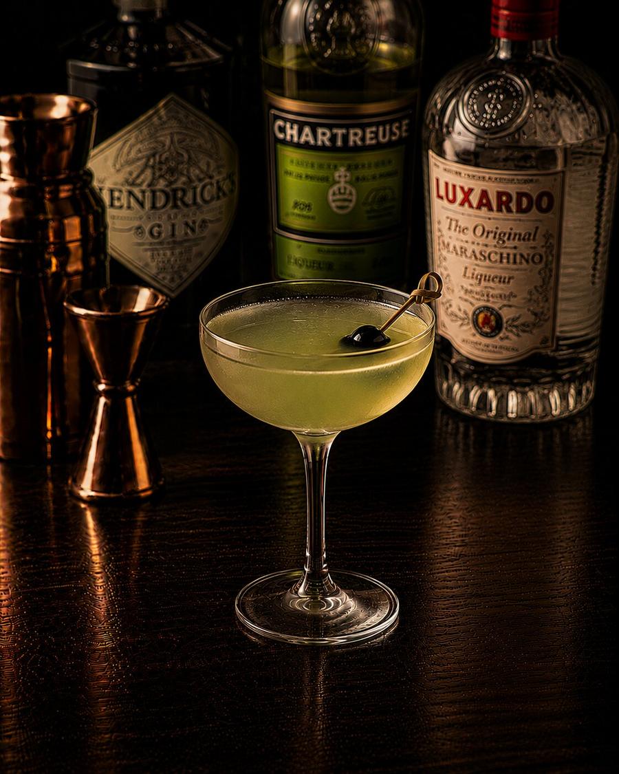 Last Word drink in coupe glass with olive