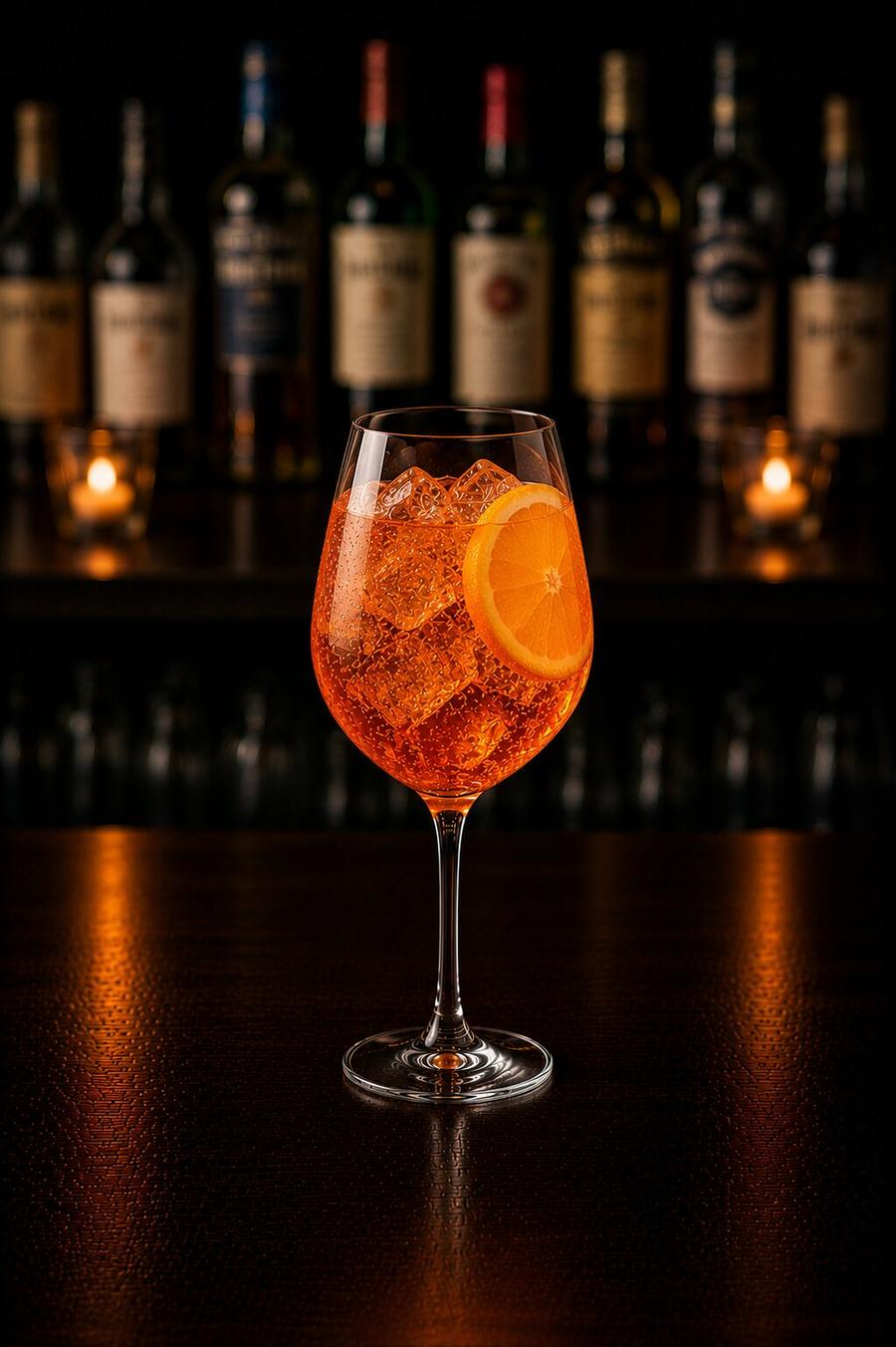 Aperol Spritz drink with ice and orange wedge