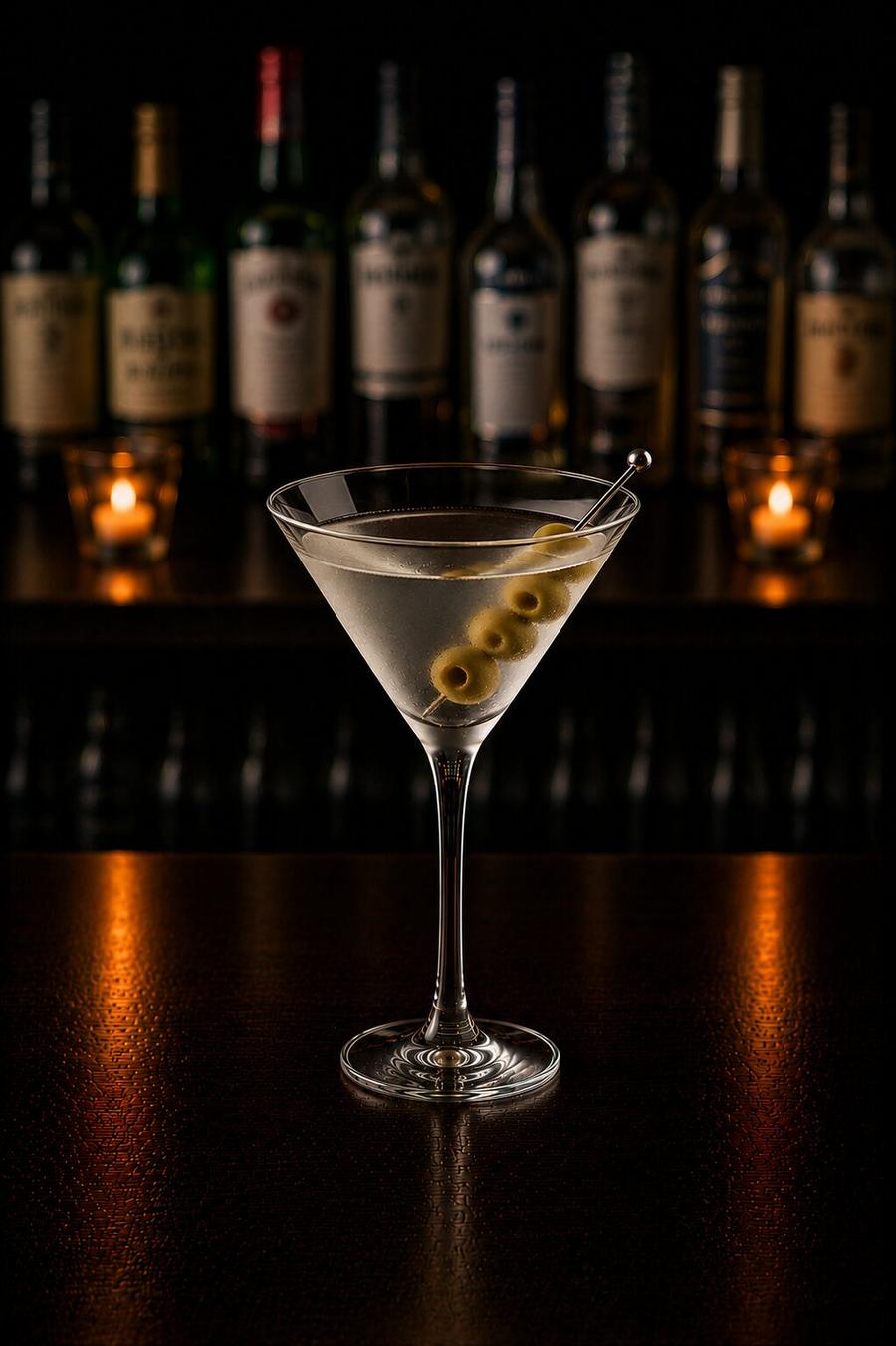 Dry Martini drink with 3 olives