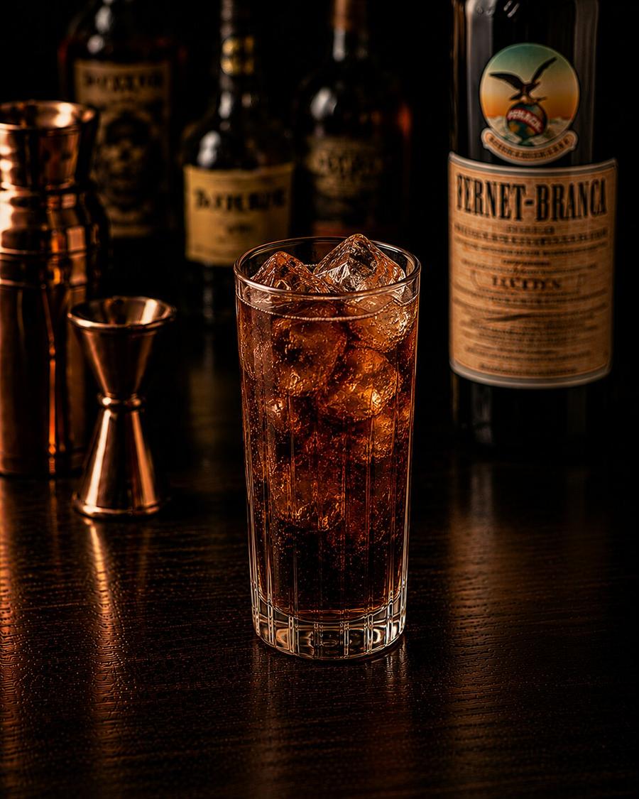 Fernandito drink in highball glass with lots of ice