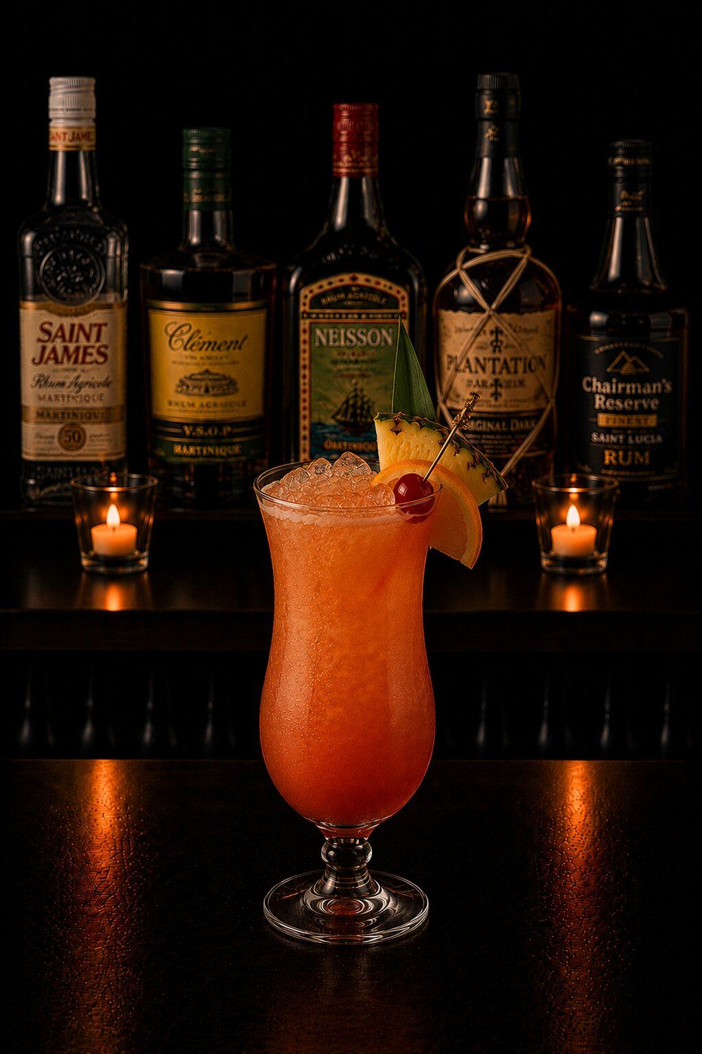 Rum Punch drink with cherry, orange and pineapple decorations