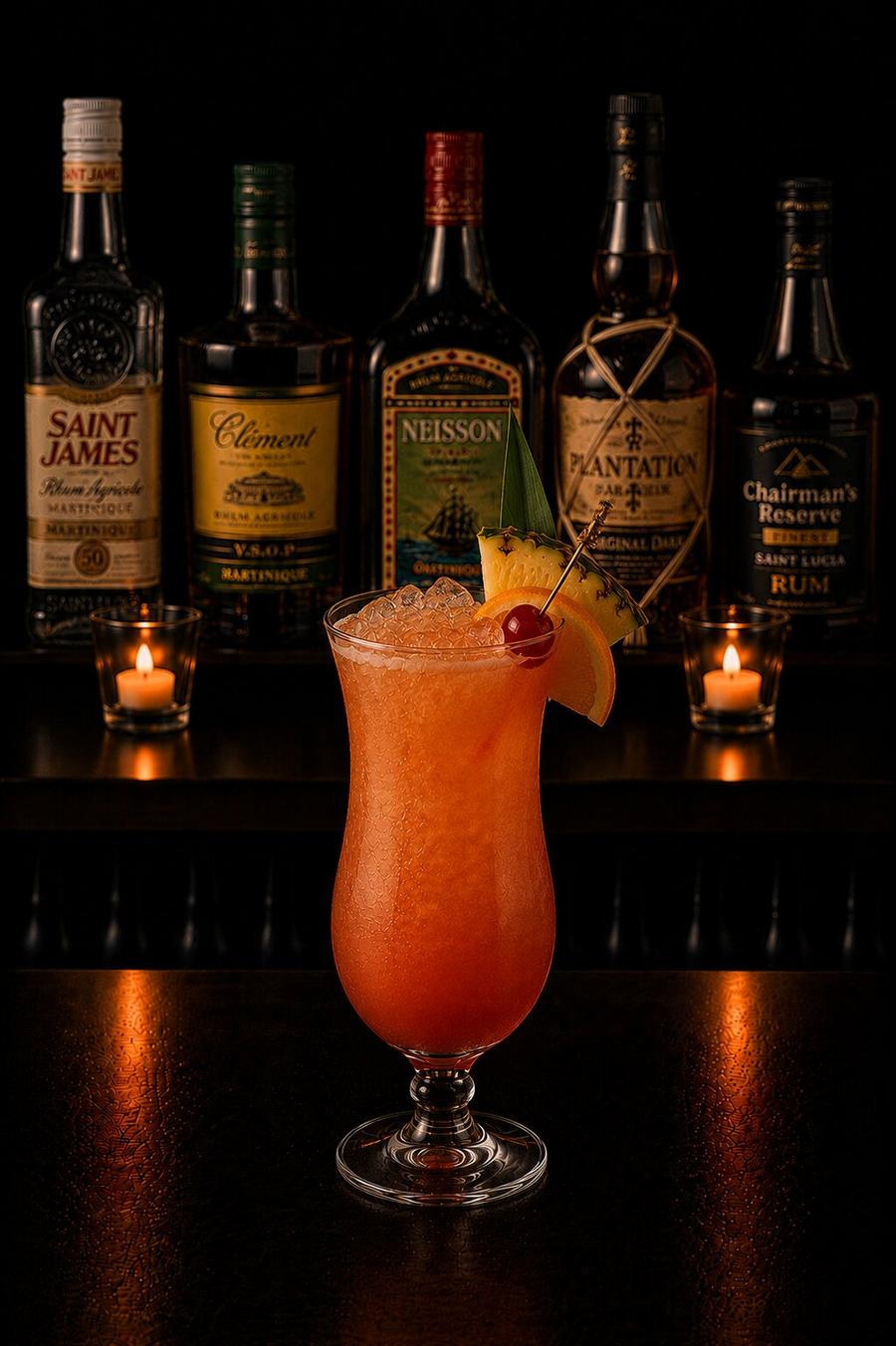 Rum Punch drink with cherry, orange and pineapple decorations