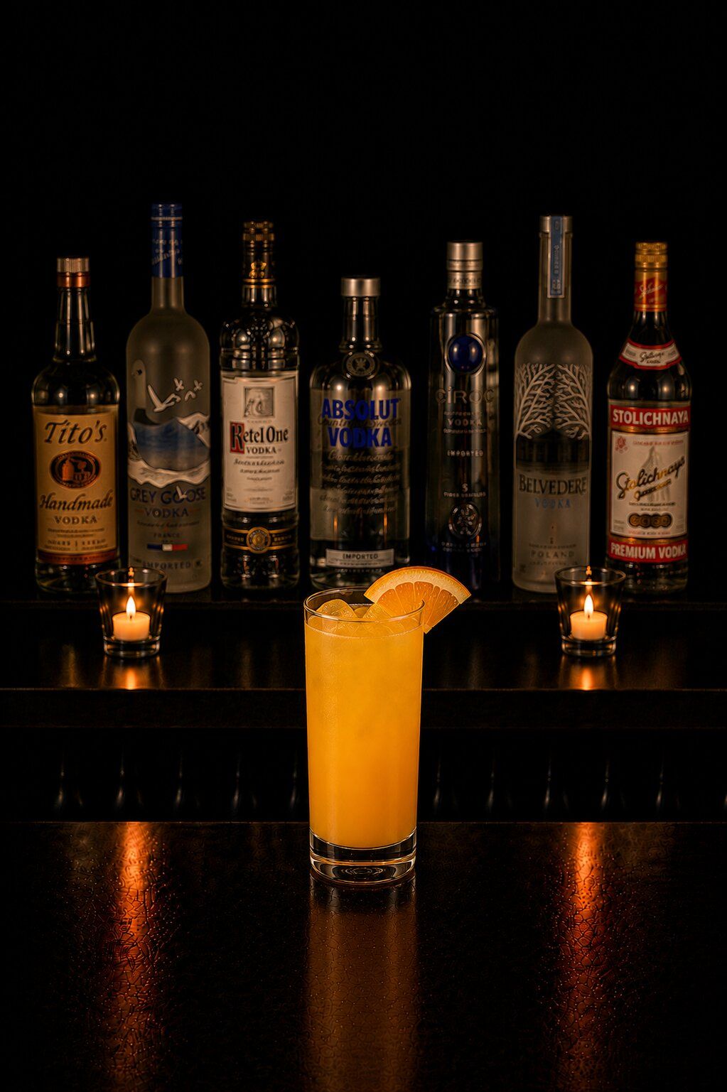 Screwdriver drink with orange wedge