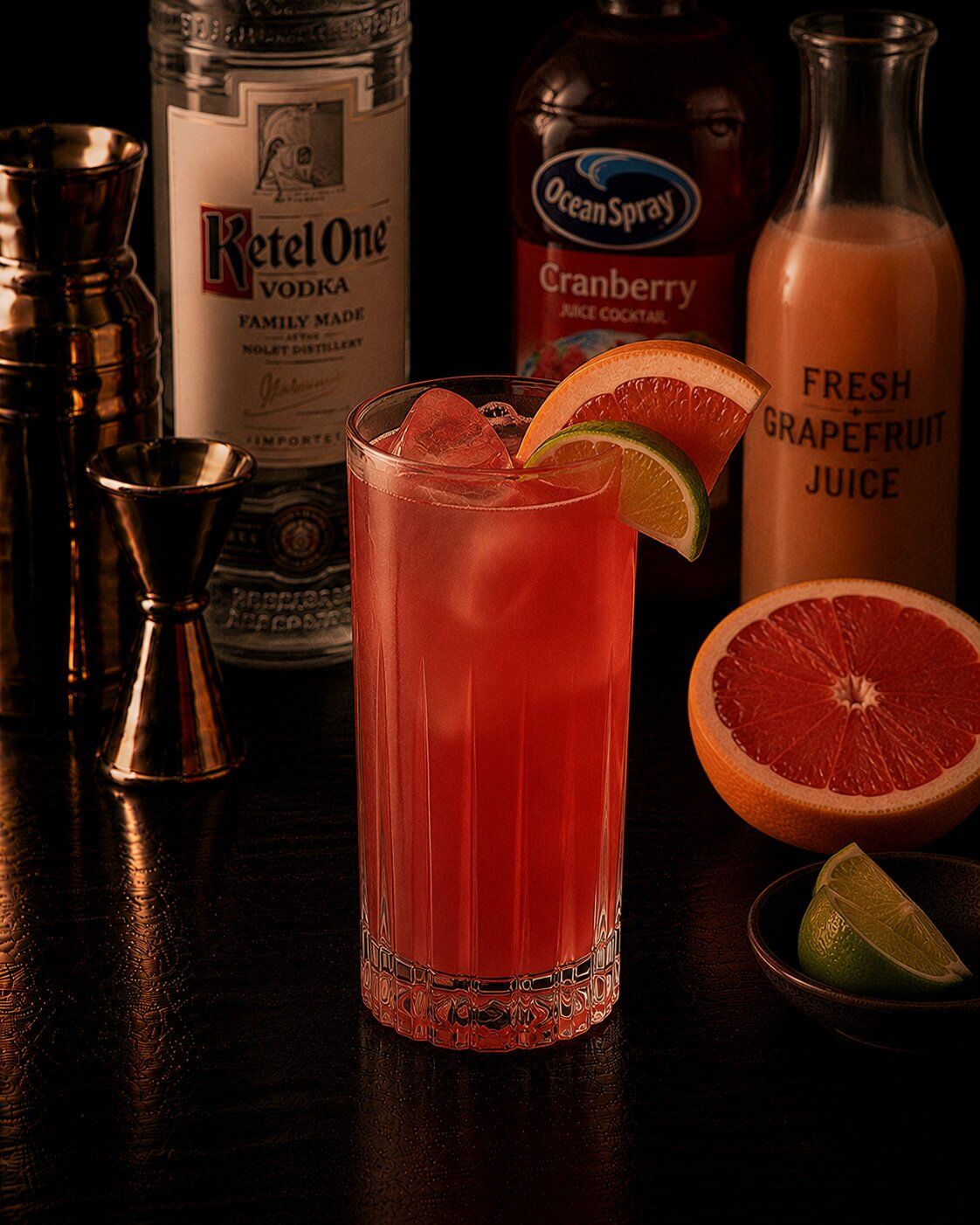 Sea Breeze drink with grapefruit wedge