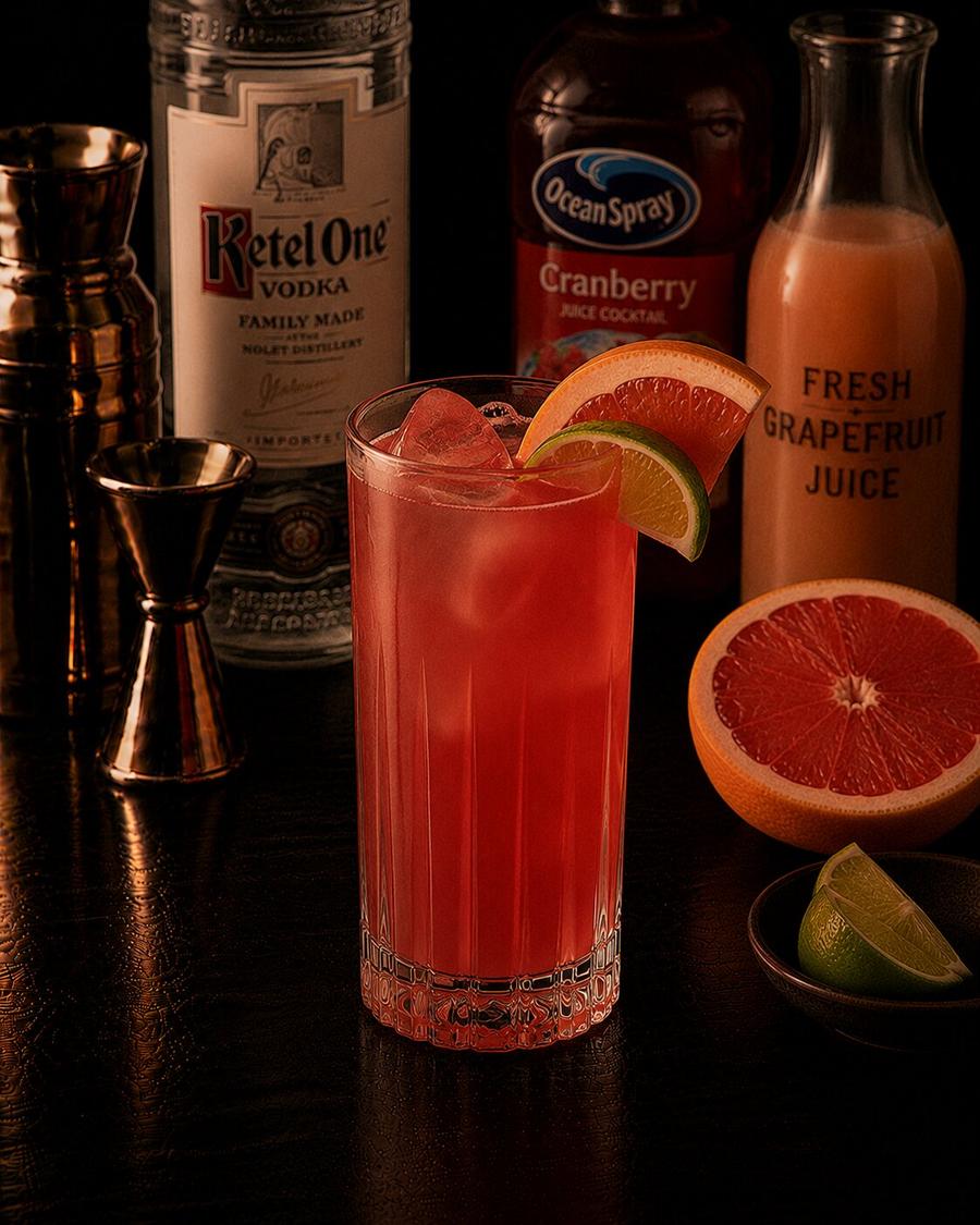 Sea Breeze drink with grapefruit wedge