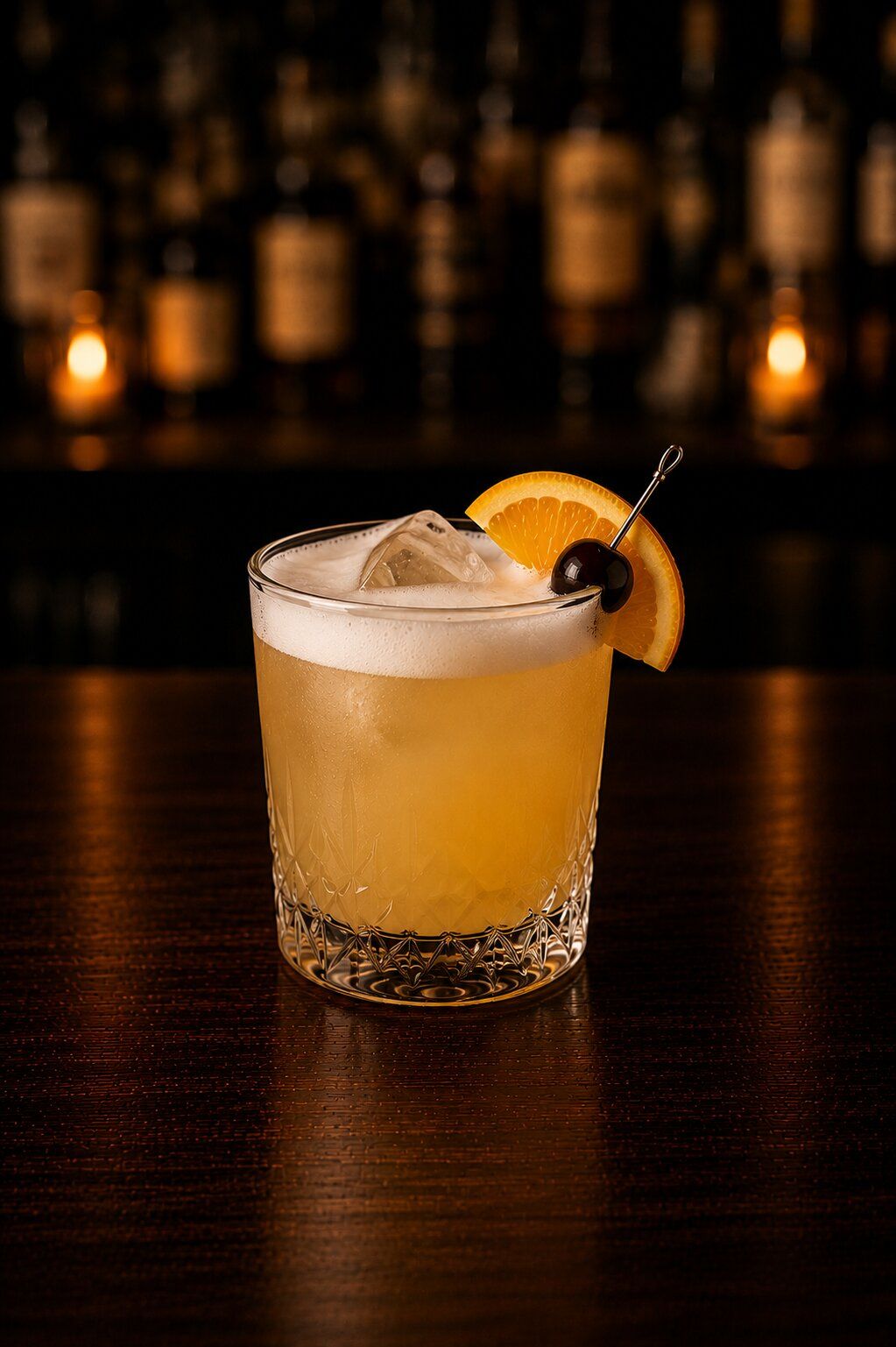 Whiskey Sour drink in rocks glass with orange wedge