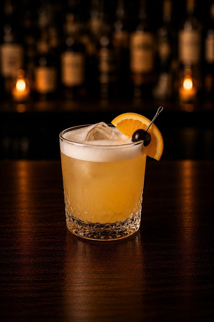 Whiskey Sour drink in rocks glass with orange wedge