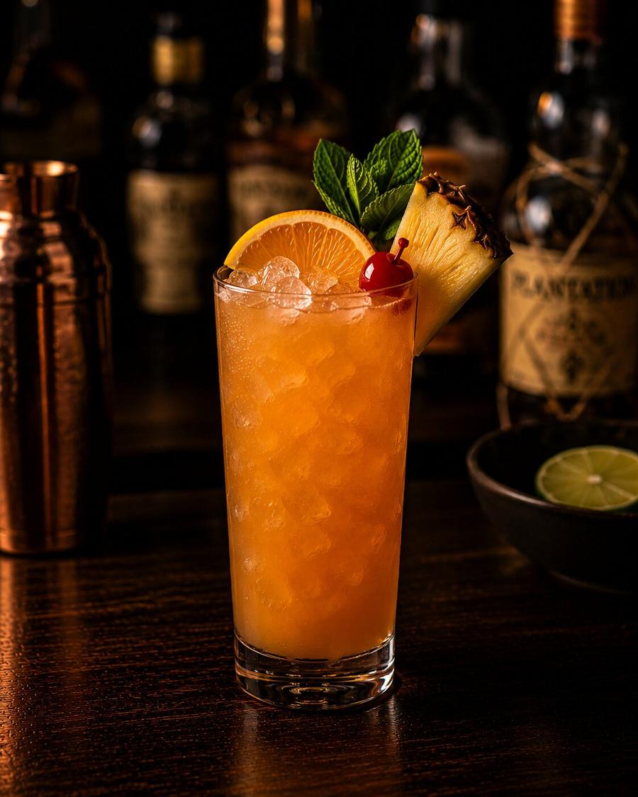 Planters punch drink with fruit wedge
