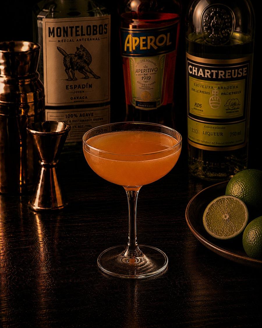 Naked and Famous drink in coupe glass without wedge and garnish