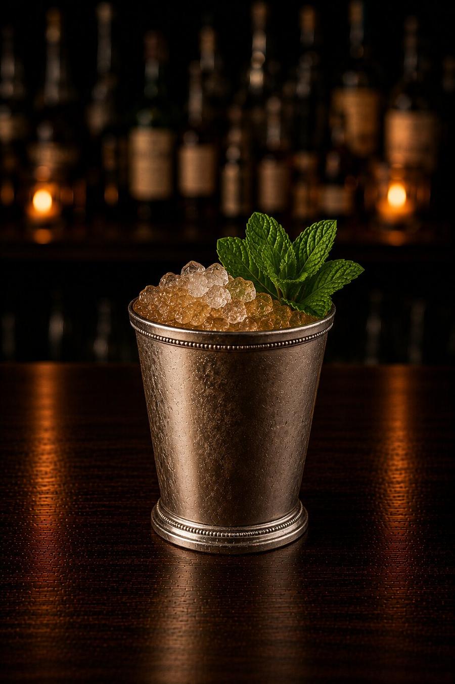 Mint julep in iconic steel cup with mint leaves decoration