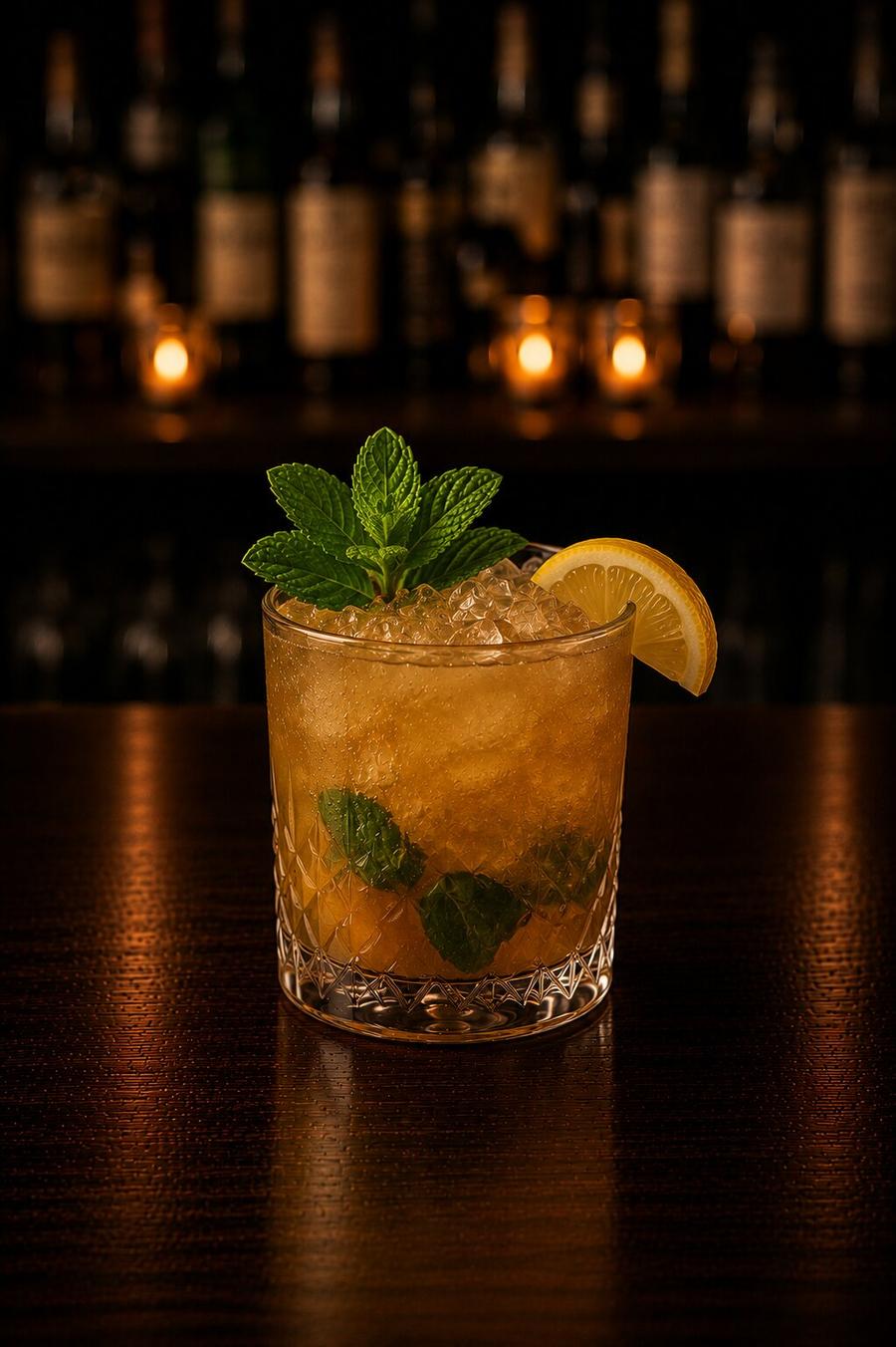 Whiskey Smash drink in rocks glass with orange wedge