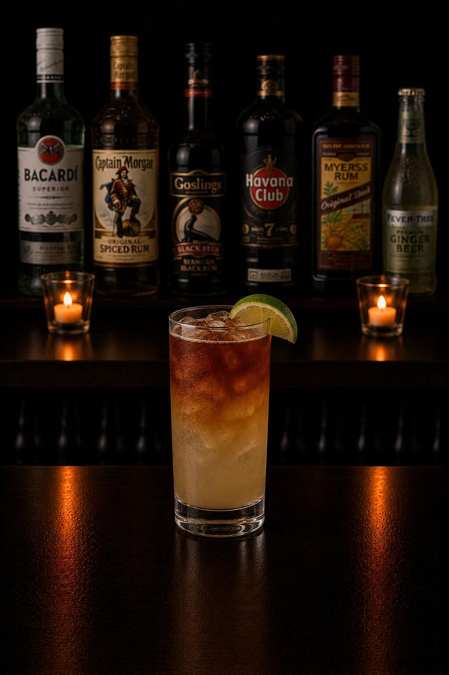 Dark'n'stormy drink in highball glass with lemon wedge