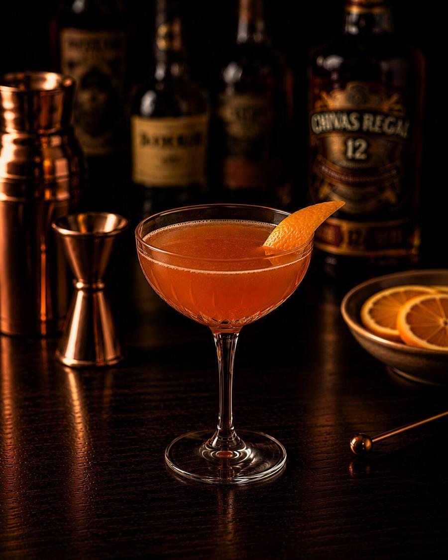 Blood and sand drink in coupe glass with orange peel wedge
