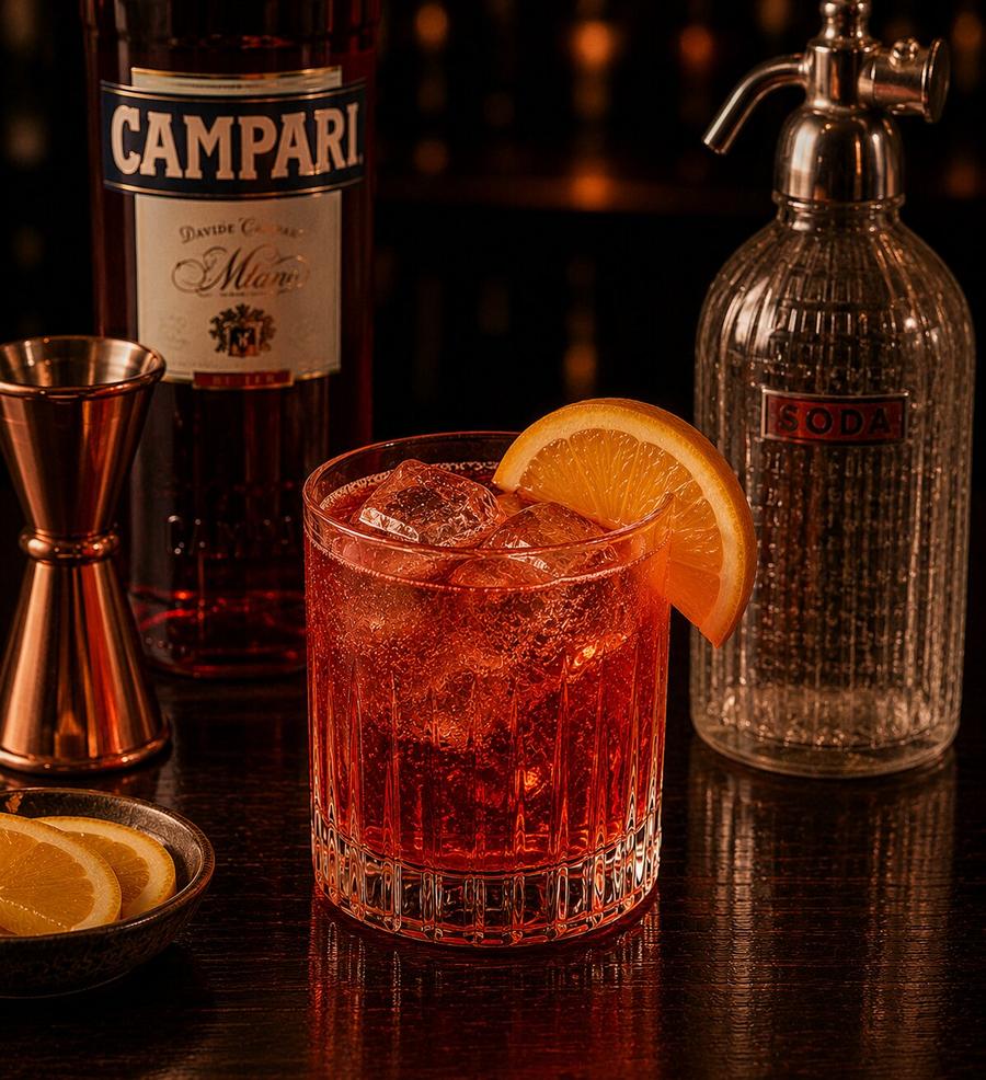 Campari soda drink in rocks glass with orange wedge