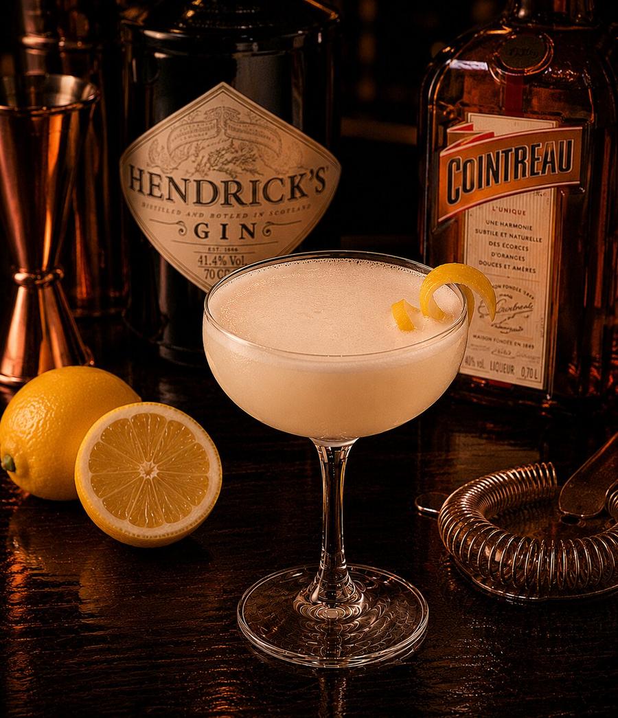 White lady drink with lemon peel wedge