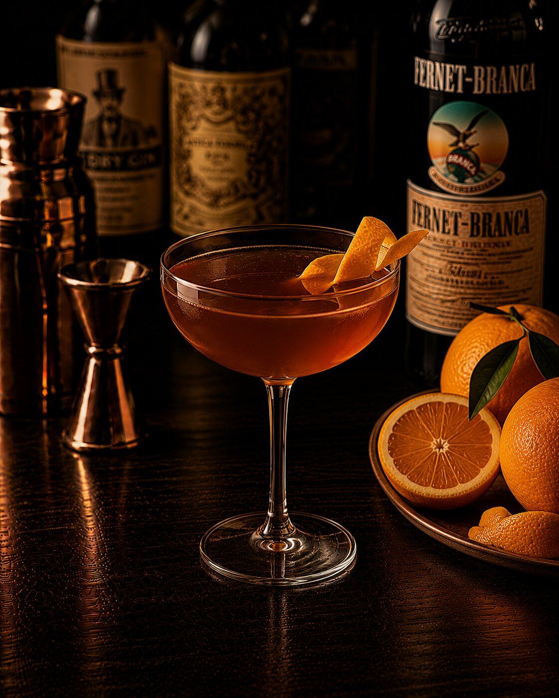 Hanky Panky drink in coupe glass with oranges