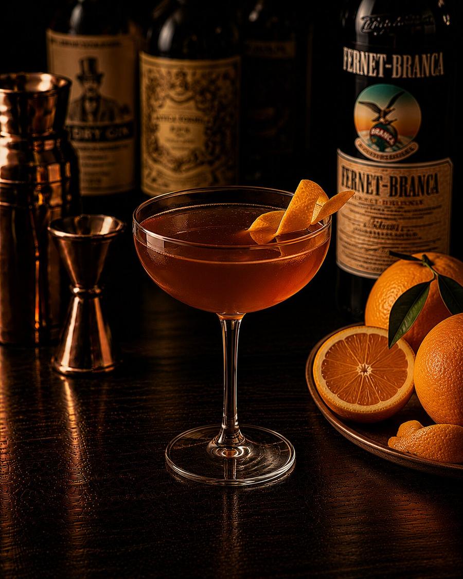 Hanky Panky drink in coupe glass with oranges