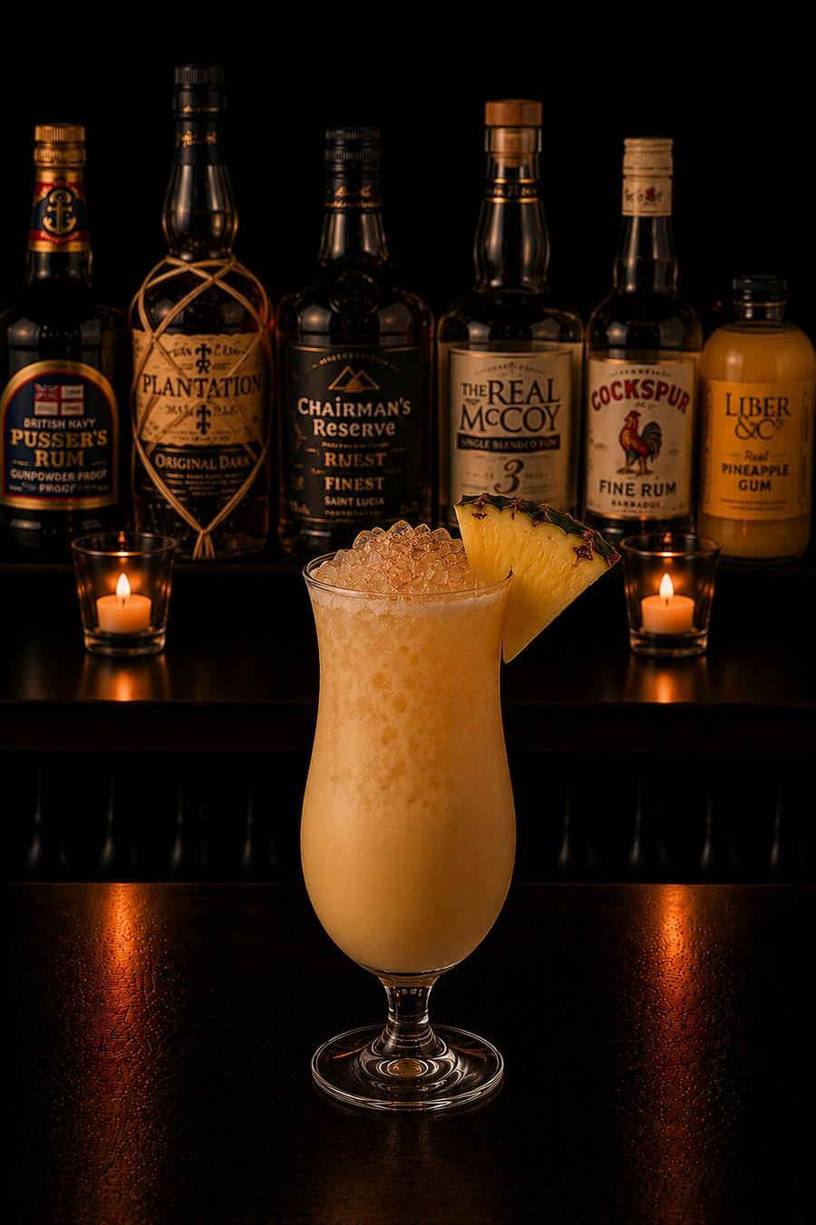 Painkiller drink in tropical drink glass and pineapple wedge