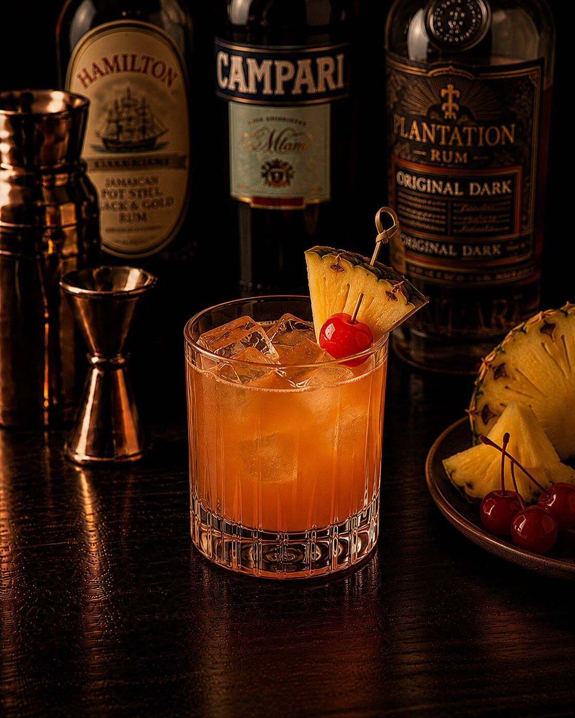 Jungle Bird drink in rocks glass with pineapple wedge