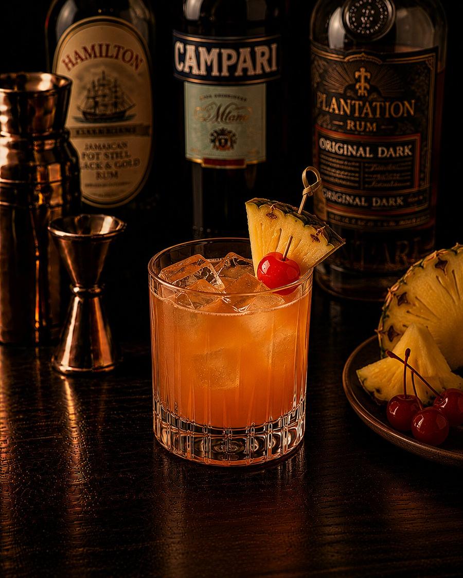 Jungle Bird drink in rocks glass with pineapple wedge