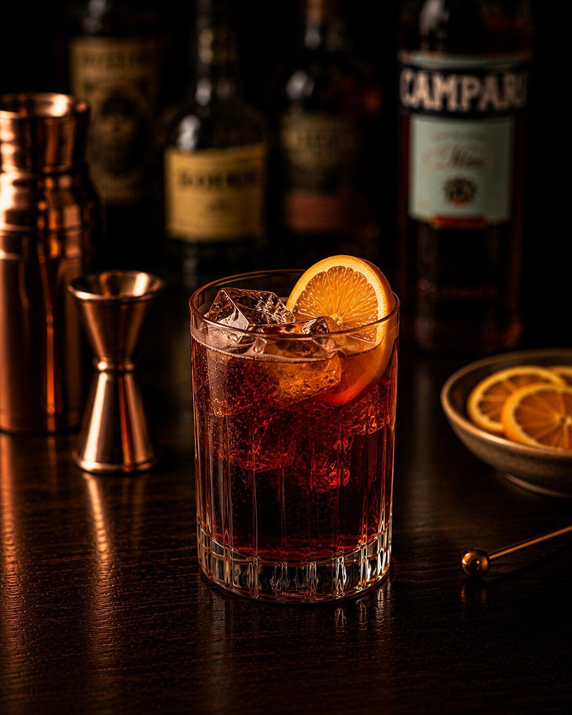 Americano drink in rocks glass instead of highball glass with orange wedge